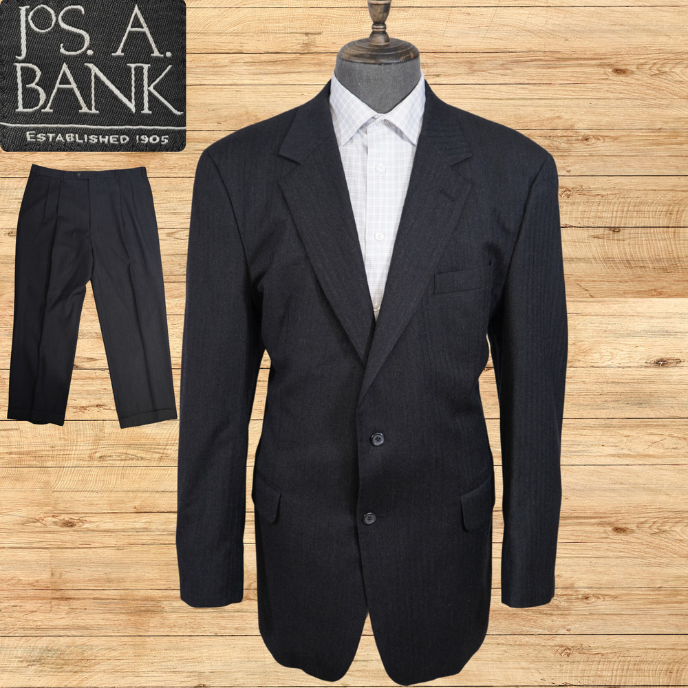 Jos A Bank Mens 46L Suit Charcoal Herringbone Wool Cashmere 2 Piece Pleated